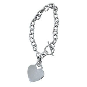 Sterling Silver 925 Heart Pendant and Silver Tone Chain Toggle Clasp Bracelet